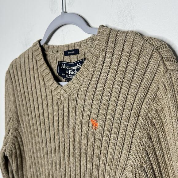 Abercrombie And Fitch Sweater Mens XL Tan Ribbed Knit Muscle Pullover Preppy Y2K - Picture 11 of 12